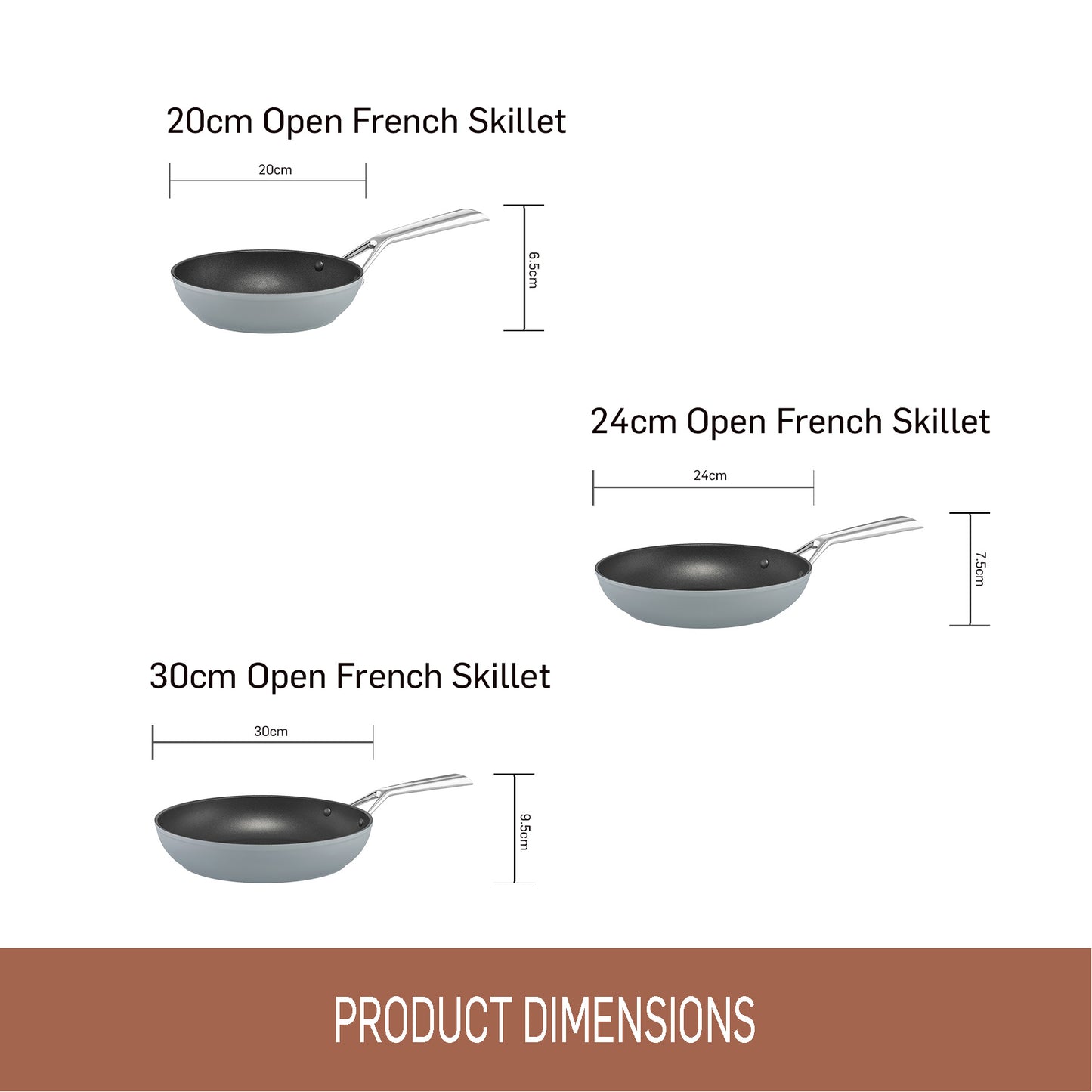 Essteele Per Bellezza Nonstick Induction Open Skillet Triple Pack 20/24/30cm Grey